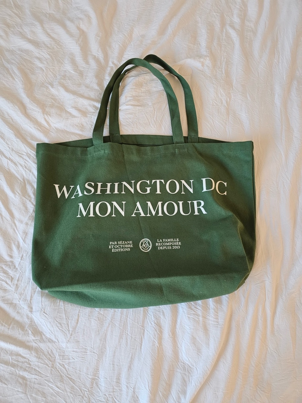 Sezane Green Canvas Tote with White Script